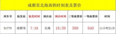 ​成都至北海高铁时刻表及票价