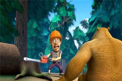 ​熊出没：光头强这一次终于砍到树，熊大熊二还帮他一起砍！